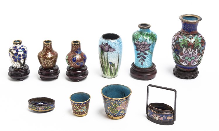 A Group of Nine Cloisonne Articles, Height of tallest: A Group of Nine Cloisonne Articles, comprising six vases, two jardinieres and a lunch pail. Height of tallest overall 2 1/4 inches. The Adell Venus Collection of Miniatures Property from the Estate of