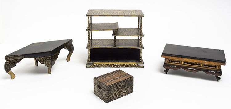 Four Japanese Lacquer Furniture Articles, Width of: Four Japanese Lacquer Furniture Articles, comprising a display stand, two low tables and a trunk, together with an associated plinth base. Width of widest 6 inches. The Adell Venus Collection of Minia