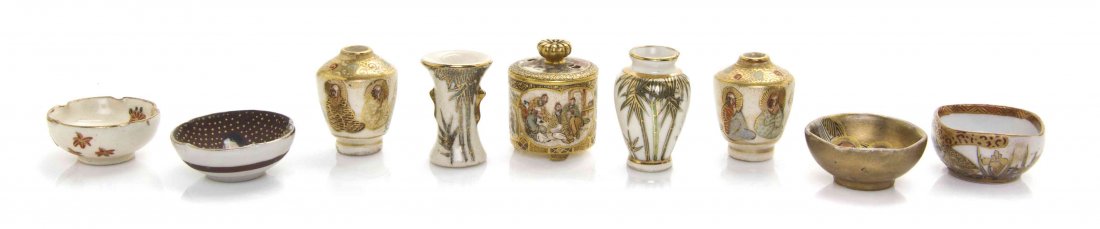 A Group of Nine Satsuma Articles, Height of censer 1: A Group of Nine Satsuma Articles, comprising two lobed bowls, a lidded cylindrical censer, four vases, and two shaped bowls signed to the underside. Height of censer 1 1/4 inches. The Adell Venus Coll