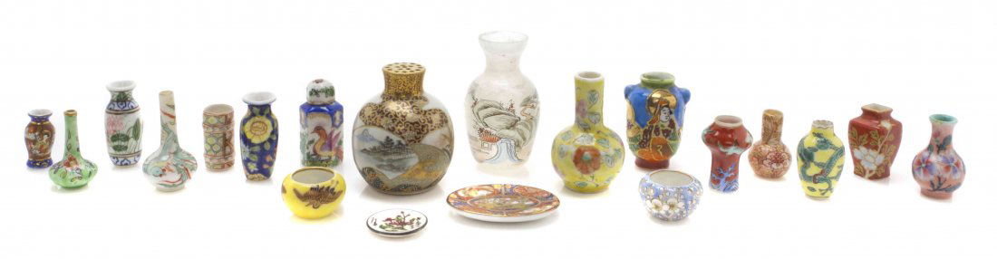 Nineteen Japanese and Japanese Style Porcelain Vases,: Nineteen Japanese and Japanese Style Porcelain Vases, comprising eight Fukigawa style vases, one Kutani vase, and two plates, each having polychrome decoration, together with a glass example; 20 items