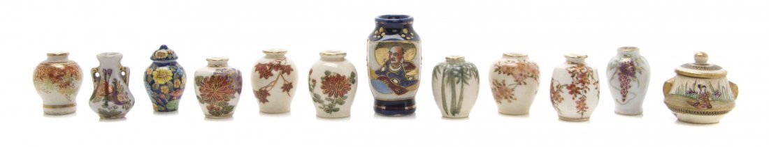 Twelve Japanese and Japanese Style Vases, Height of: Twelve Japanese and Japanese Style Vases, having polychrome and gilt decoration, of varying shapes and sizes. Height of tallest 1 7/8 inches. The Adell Venus Collection of Miniatures Property from the