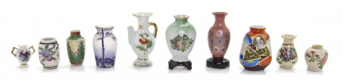 A Group of Ten Japanese Ceramic Vases, Height of: A Group of Ten Japanese Ceramic Vases, of varying form, size, and decoration. Height of tallest 2 3/8 inches. The Adell Venus Collection of Miniatures Property from the Estate of Adell Venus, Chicago,
