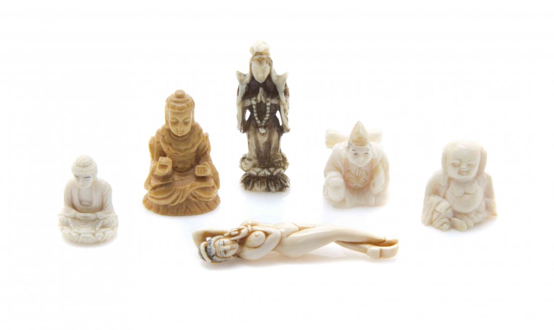 A Group of Six Carved Ivory Figures, Width of widest 1: A Group of Six Carved Ivory Figures, comprising a doctor's model, three figures of Buddha, and two other examples. Width of widest 1 3/4 inches. The Adell Venus Collection of Miniatures Property from 