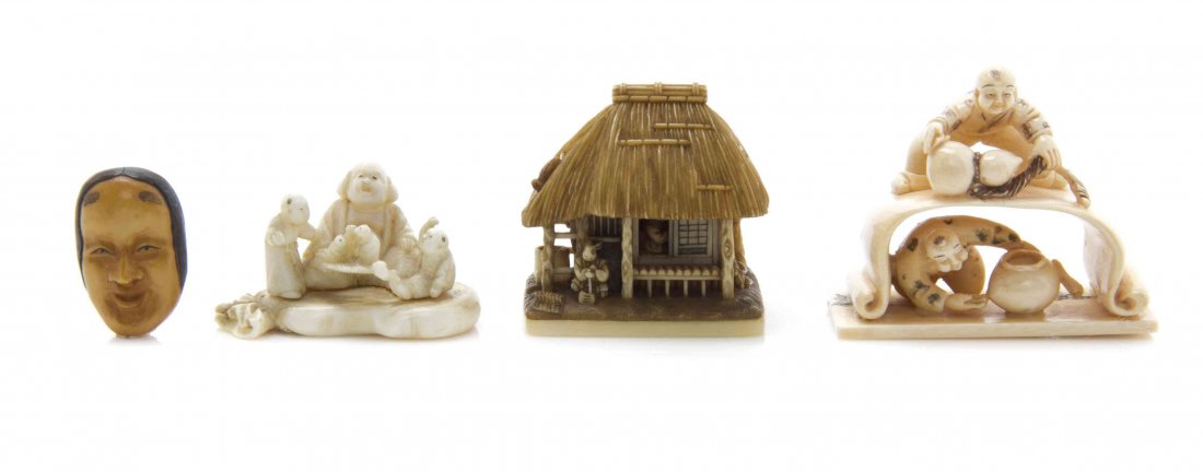 Three Japanese Ivory Netsuke, Height of tallest 1 3/8: Three Japanese Ivory Netsuke, together with a mask. Height of tallest 1 3/8 inches. The Adell Venus Collection of Miniatures Property from the Estate of Adell Venus, Chicago, Illinois