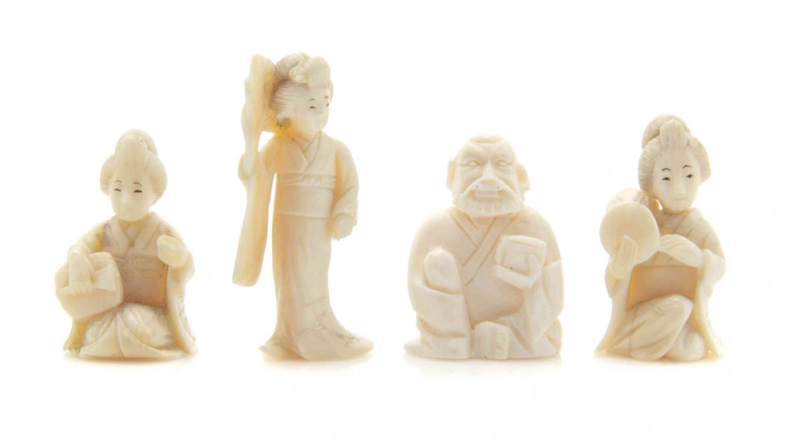 Four Japanese Carved Ivory Okimono, Height of tallest 1: Four Japanese Carved Ivory Okimono, comprising three ladies and a man. Height of tallest 1 3/8 inches. The Adell Venus Collection of Miniatures Property from the Estate of Adell Venus, Chicago, Illino