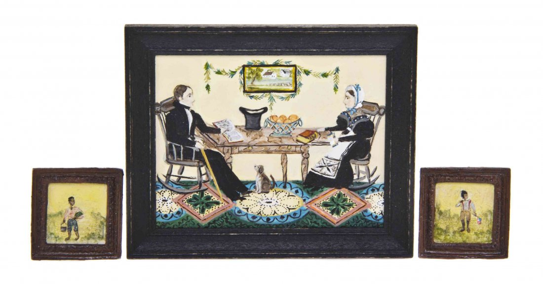 A Folk Art Painting, Mary Grady O'Brien, Height of: A Folk Art Painting, Mary Grady O'Brien, after Joseph H. Davis, depicting a husband and wife seated at a table in an interior setting, dated 2003, together with two Black Americana paintings, each dep