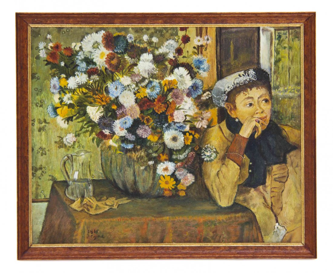 Paul Saltarelli, (Italian, 20th century), A Woman with: Paul Saltarelli (Italian, 20th century) A Woman with Chrysanthemums, after Edgar Degas oil on canvas signed to verso and dated 1986, edition 1 of 3 2 3/4 x 3 3/8 inches. The Adell Venus Collection o