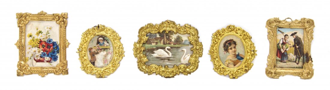 Five Ormolu Frames, Erhard & Sohne, Length of longest 3: Five Ormolu Frames, Erhard & Sohne, comprising a pair of oval examples and three rectangular examples, each set with various printed pictures. Length of longest 3 1/4 inches. The Adell Venus Collectio