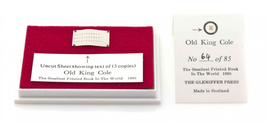 (Micro-Miniature Book) Old King Cole. Scotland: The: (Micro-Miniature Book) Old King Cole. Scotland: The Gleniffer Press, 1985, number 68 of 85 copies of "The Smallest Printed Book in the World." Together with an uncut sheet showing text of three copies