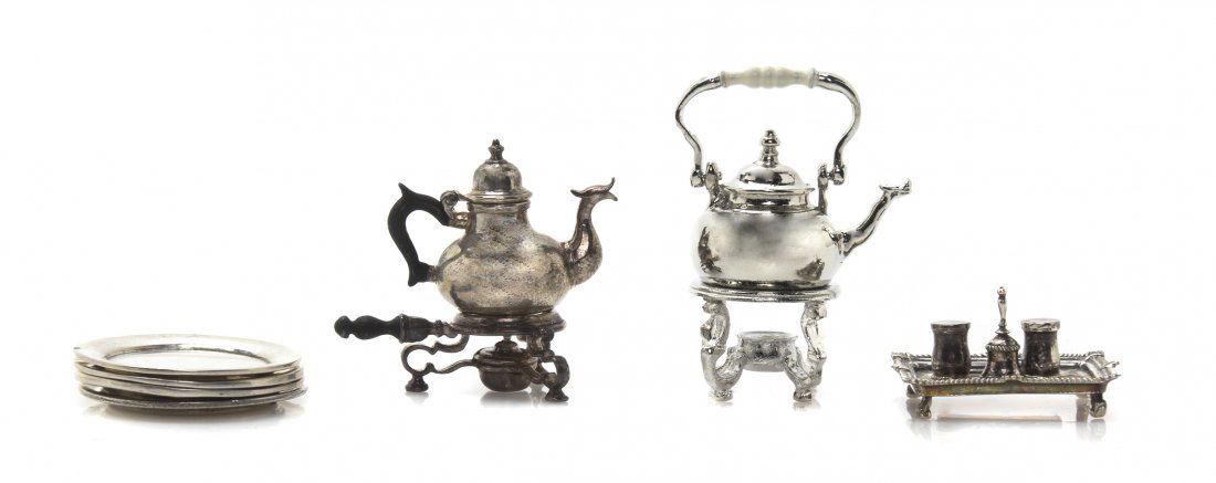 A Group of Silver Table Articles, after Early English: A Group of Silver Table Articles, after Early English Examples, Peter Acquisto and other makers, comprising a Queen Anne teapot on stand, a George I kettle on stand, an inkstand set based on a 1479 ex