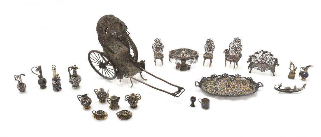 A Group of Silver Filigree Articles, Width of widest 4: A Group of Silver Filigree Articles, comprising a Chinese export rickshaw, a table, two side chairs, armchair, settee, a tray with enameled decoration, pitcher, gondola, teapot, creamer, sugar, two cu