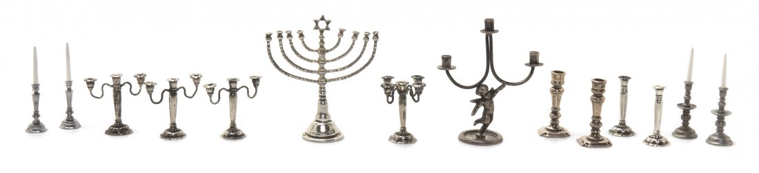 A Group of Silver, Silverplated and Pewter Lighting: A Group of Silver, Silverplated and Pewter Lighting Articles, comprising a menorah, three silver three-light candelabra with a pair of matching candlesticks and five-light candelabrum, a larger silver