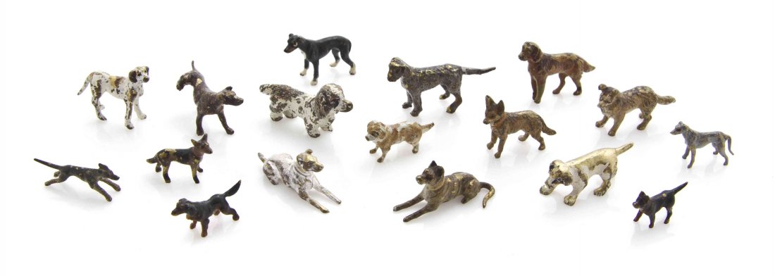 Seventeen Austrian Cold Painted Miniature Bronze: Seventeen Austrian Cold Painted Miniature Bronze Animalier Figures, each depicting various species of dogs. Length of longest 1 1/4 inches. The Adell Venus Collection of Miniatures Property from the E