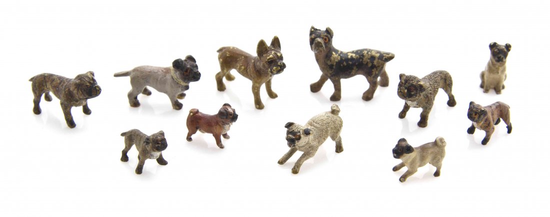 Eleven Austrian Cold Painted Miniature Bronze Animalier: Eleven Austrian Cold Painted Miniature Bronze Animalier Figures, each depicting various species of dogs, including pugs, bulldogs and Boston terriers. Length of longest 3/4 inch. The Adell Venus Colle