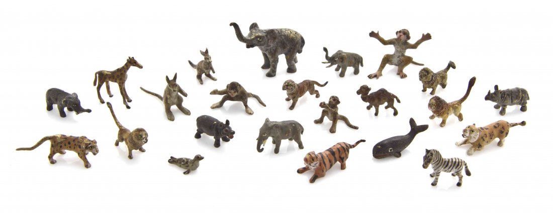 Twenty-Three Austrian Cold Painted Miniature Bronze: Twenty-Three Austrian Cold Painted Miniature Bronze Animalier Figures, depicting various wildlife, including lions, a tiger, leopards, elephants, a rhinoceros, a hippopotamus, monkeys, a zebra, a gira