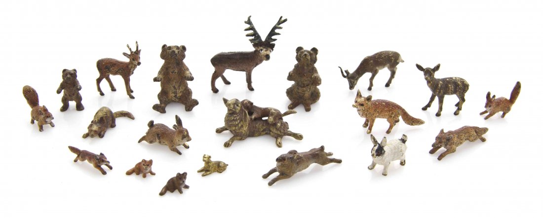 Twenty Austrian Cold Painted Miniature Bronze Animalier: Twenty Austrian Cold Painted Miniature Bronze Animalier Figures, comprising various forest creatures, including deer, rabbits, bears, fox, squirrels, a weasel and a figural group depicting a weasel at