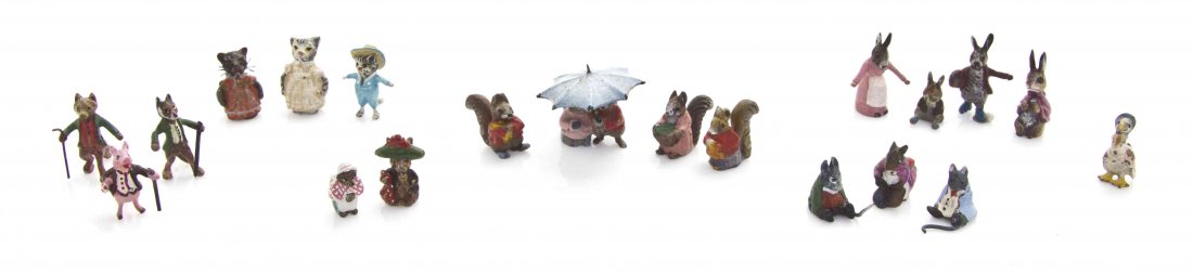A Collection of Austrian Cold Painted Miniature Bronze: A Collection of Austrian Cold Painted Miniature Bronze Figures, from the Beatrix Potter series, including mice, rabbits, squirrels, pigs, frogs, geese, fox, cats and others; 53 items total. Height of 