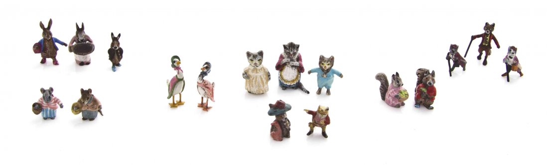 A Collection of Austrian Cold Painted Miniature Bronze: A Collection of Austrian Cold Painted Miniature Bronze Figures, from the Beatrix Potter series, including mice, rabbits, squirrels, pigs, frogs, geese, fox, cats and others; 53 items total. Height of 