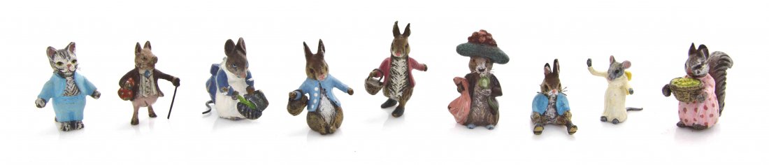 A Collection of Austrian Cold Painted Bronze Figures,: A Collection of Austrian Cold Painted Bronze Figures, from the Beatrix Potter series, including mice, rabbits, squirrels, pigs, frogs, geese, fox, cats and others; 44 items total. Height of tallest 1 