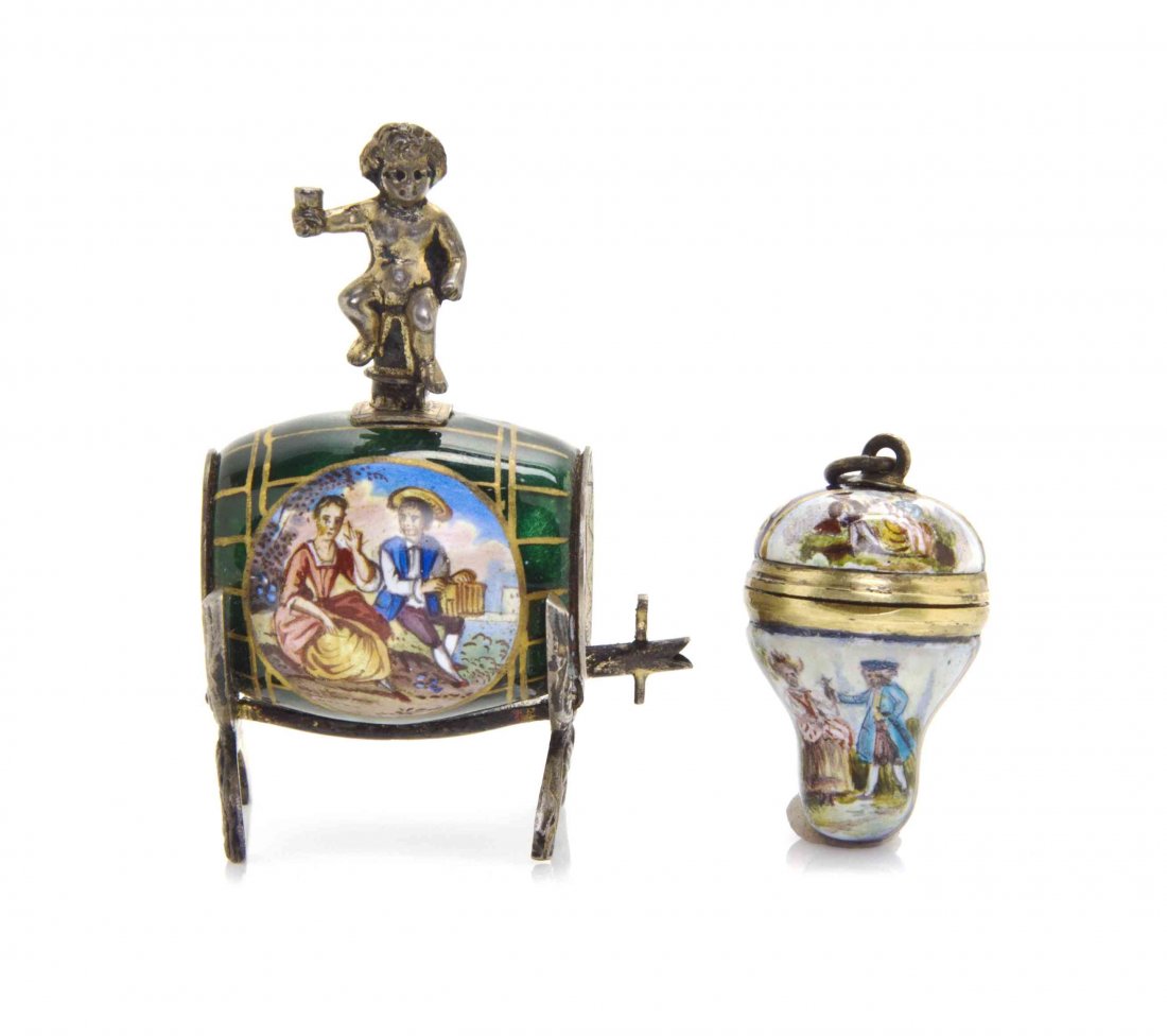Two Austrian Enameled Silver Articles, Height of first: Two Austrian Enameled Silver Articles, comprising a wine barrel on stand, surmounted with a bacchic putto, stamped DS, and a pear form vinaigrette. Height of first 1 7/8 inches. The Adell Venus Collec