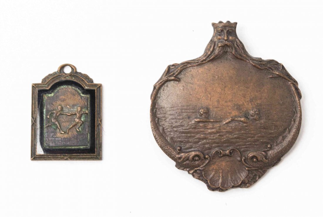 Two Vintage Sports Medals, Height taller 1 9/16 inches.: Two Vintage Sports Medals, comprising a 1920 swimming example from Pittsburgh, PA, and a 1929 Paw Paws relays example. Height taller 1 9/16 inches. The Adell Venus Collection of Miniatures Property fr