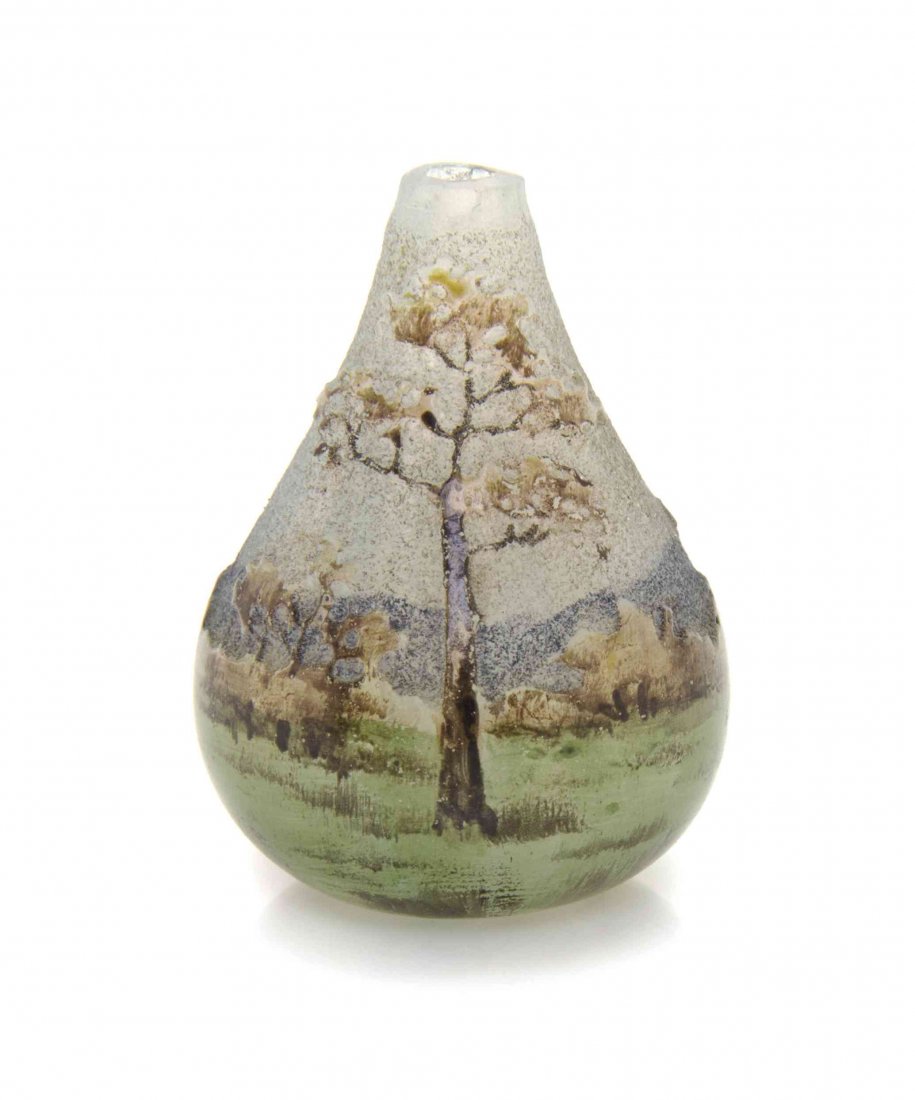 A Daum Miniature Cameo Glass Vase, Height 1 1/4 inches.: A Daum Miniature Cameo Glass Vase, in the Paysage Lorraine pattern, of tear drop form decorated with a continuous rural landscape with a mountainous background, signed to base Daum Nancy with the Cros