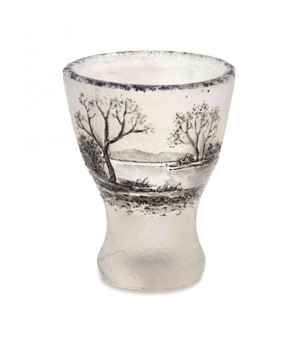 A Daum Miniature Cameo Glass Vase, Diameter 1 1/8: A Daum Miniature Cameo Glass Vase, in the Paysage Lacustre pattern, of chalice form decorated with a lake landscape in black on a frosted reserve, signed to base Daum Nancy with the Cross of Lorraine.