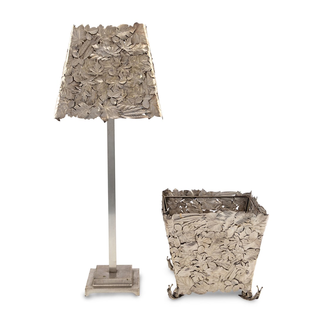 A Contemporary Italian Silvered Metal Table Lamp and Cache Pot: A Contemporary Italian Silvered Metal Table Lamp and Cache Pot Flora and Fauna, Florence, Late 20th Century Height of lamp 27 inches; height of cache pot 9 1/4 x width 10 x depth 10 inches. Property f