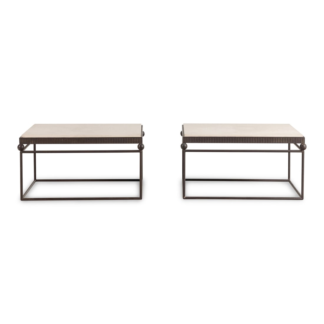 A Pair of Formations Ltd. Iron and Travertine Side Tables: A Pair of Formations Ltd. Iron and Travertine Side Tables Height 19 x width 37 1/2 x depth 25 inches. Property from Strawberry Hill: The Collection of Ada and Barrie Regan, Hillsborough, California Th