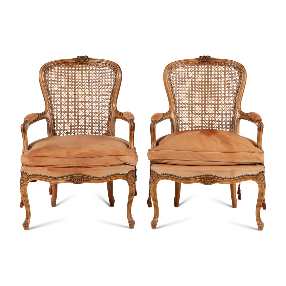 A Pair of Louis XV Style Nubuck Upholstered and Caned Fauteuils (1 of 8)