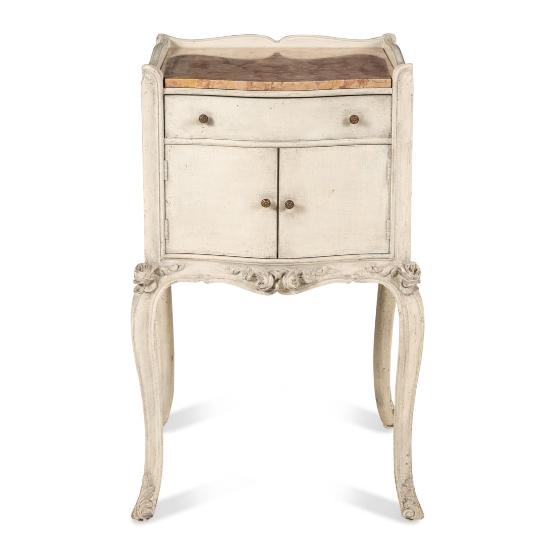 An Italian White-Painted Marble-Top Side Cabinet: An Italian White-Painted Marble-Top Side Cabinet 20th Century Height 30 x width 18 1/2 x depth 15 inches. Property from Strawberry Hill: The Collection of Ada and Barrie Regan, Hillsborough, Californi