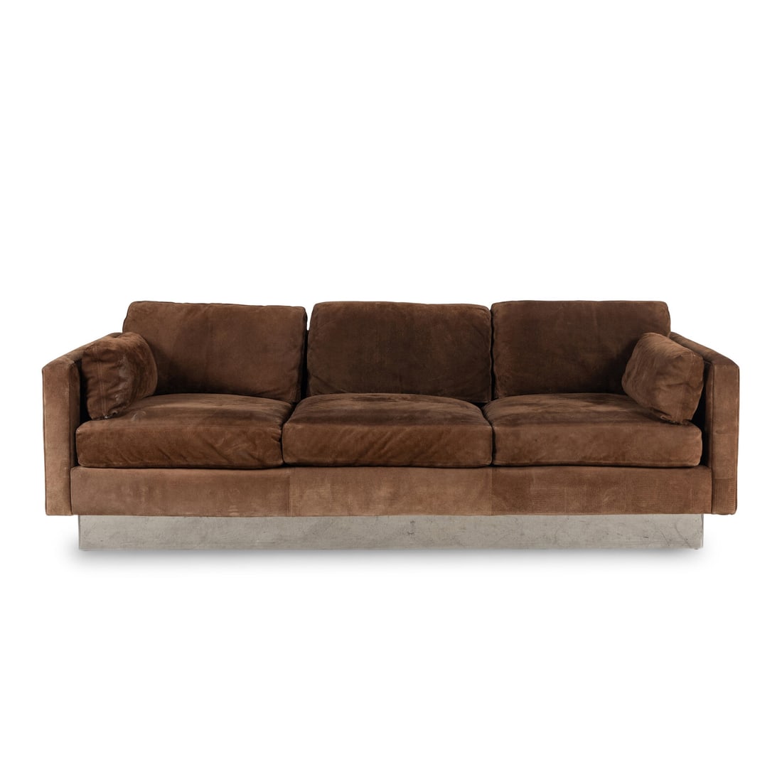 A Suede Upholstered Chromed- Metal Three-Cushion Sofa (1 of 7)