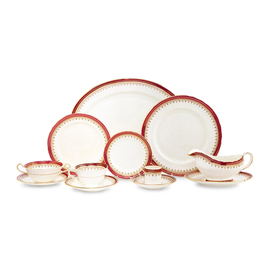 An Aynsley Durham Porcelain Dinner Service: An Aynsley Durham Porcelain Dinner Service 20th Century with minor variation in pattern; comprising: 13 dinner plates 13 salad plates 13 bread and butter plates 13 tea cups 11 cream soup bowls and 11 