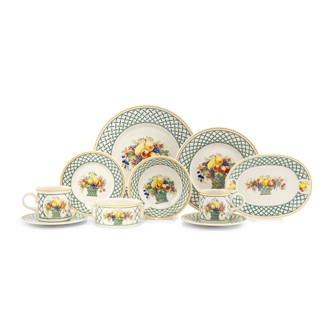 A Villeroy and Boch Porcelain Dinner Service: A Villeroy and Boch Porcelain Dinner Service Late 20th Century Basket pattern, comprising: 12 dinner plates 12 salad plates 11 bread and butter plates 13 coffee cups 14 saucers 8 fruit bowls 4 cream s