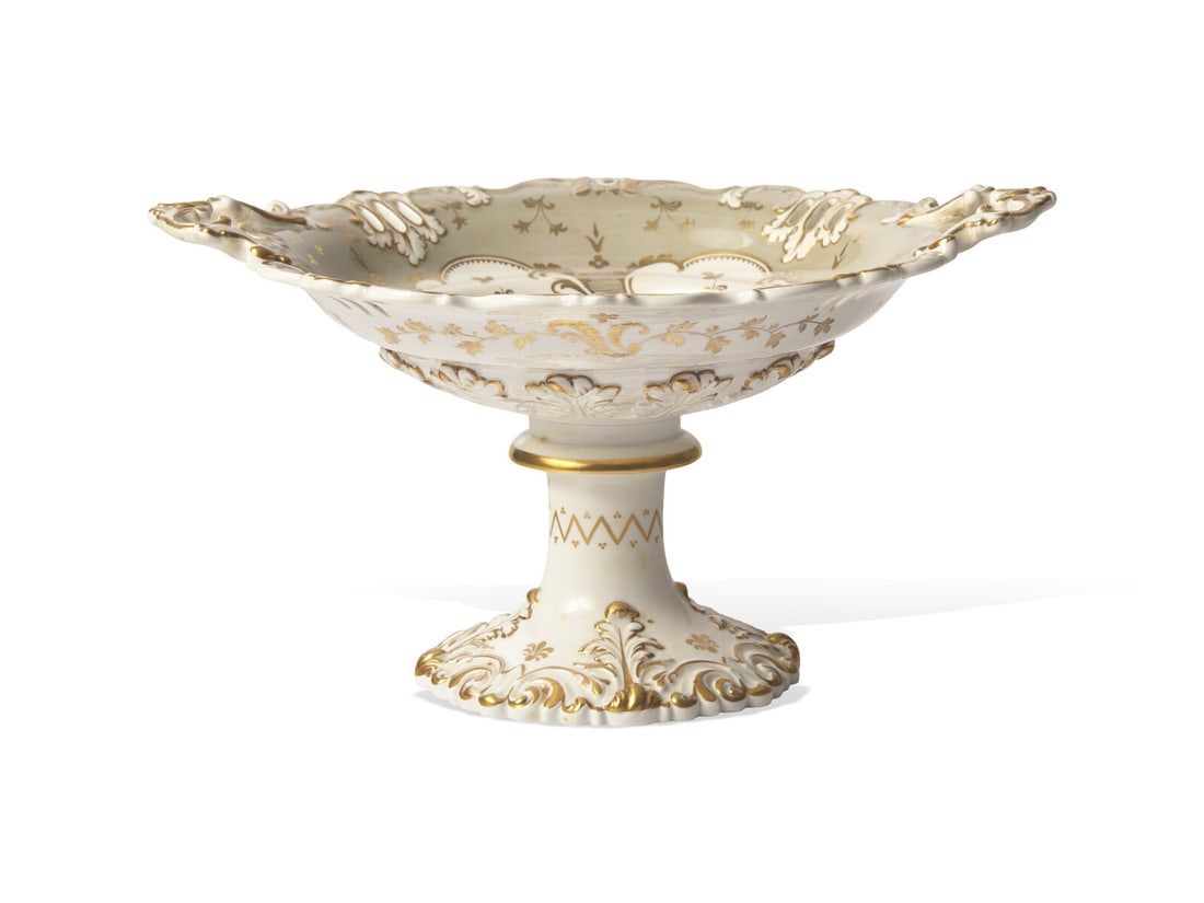 An English Porcelain Polychrome-Painted and Parcel-Gilt Compote DONATED BY WILLIAMS LAWRENCE (BUNNY: An English Porcelain Polychrome-Painted and Parcel-Gilt Compote DONATED BY WILLIAMS LAWRENCE (BUNNY WILLIAMS AND ELIZABETH LAWRENCE) 19th Century Modeled with rocailles and acanthus leaves, the sides 