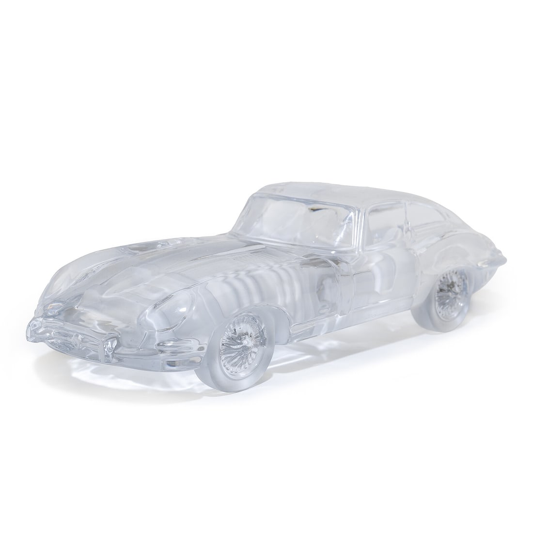 Daum Colorless Glass Model of an E-Type Jaguar: Daum Colorless Glass Model of an E-Type Jaguar With frosted wheels, engine and seats, engraved signature "Daum France" to one side Height 3 1/2 inches; Length 12 1/2 inches; Width 4 3/4 inches This lo