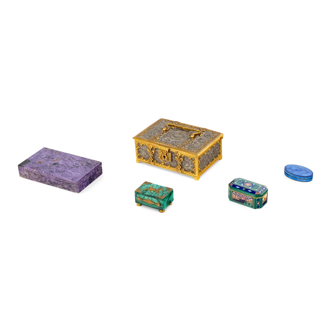 A Group of Five Stone, Metal, and Enamel Boxes (1 of 2)