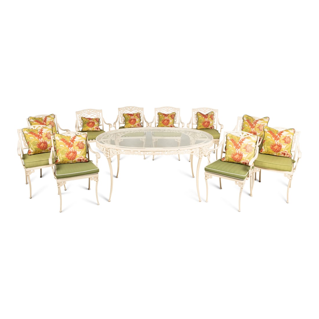 A Brown-Jordan Elegance Garden Furniture Suite: A Brown-Jordan Elegance Garden Furniture Suite comprising an oval dining table and ten armchairs. Height of table 29 1/2 x width 59 x depth 39 inches. Property from an Important Private Collection, Fl