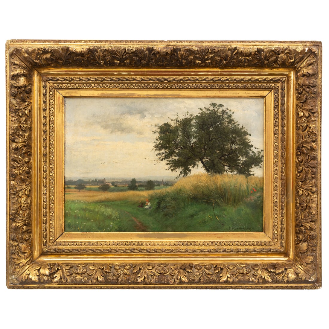 French School 19th century Landscape with Tree, Kneeling Woman and Dog: French School 19th century Landscape with Tree, Kneeling Woman and Dog oil on canvas Indistinctly signed "Duchesne, K.G." lower right 12" x 17 1/2" (sight) Framed Property from an Important Private Co