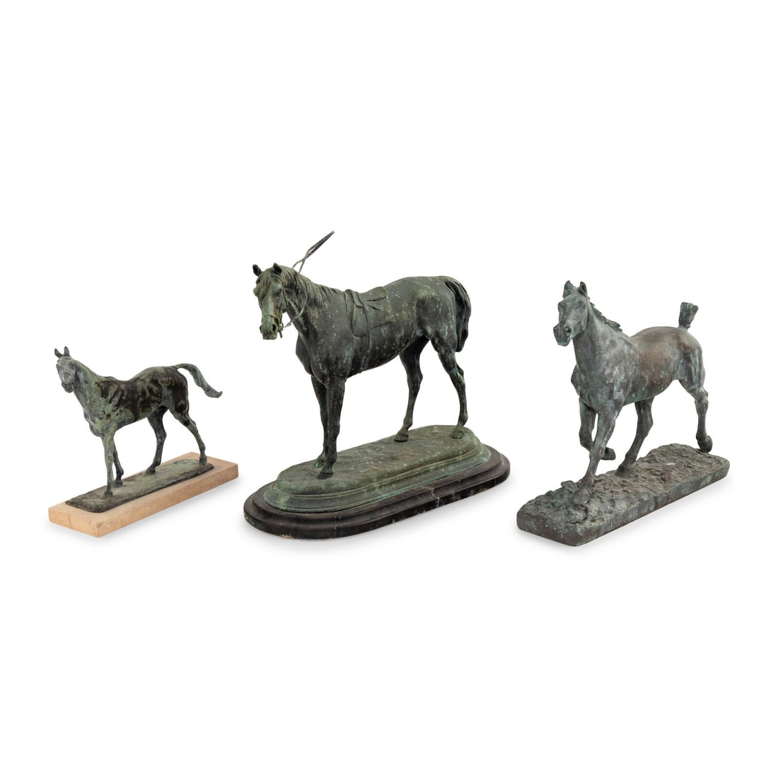 A Group of Three Bronze Horse Sculptures: A Group of Three Bronze Horse Sculptures artists include Louis de Monard (height 10 x length 12 inches), Gaston d'Illiers (height 7 x length 8 inches) and a large bronze horse with the initials LA at 