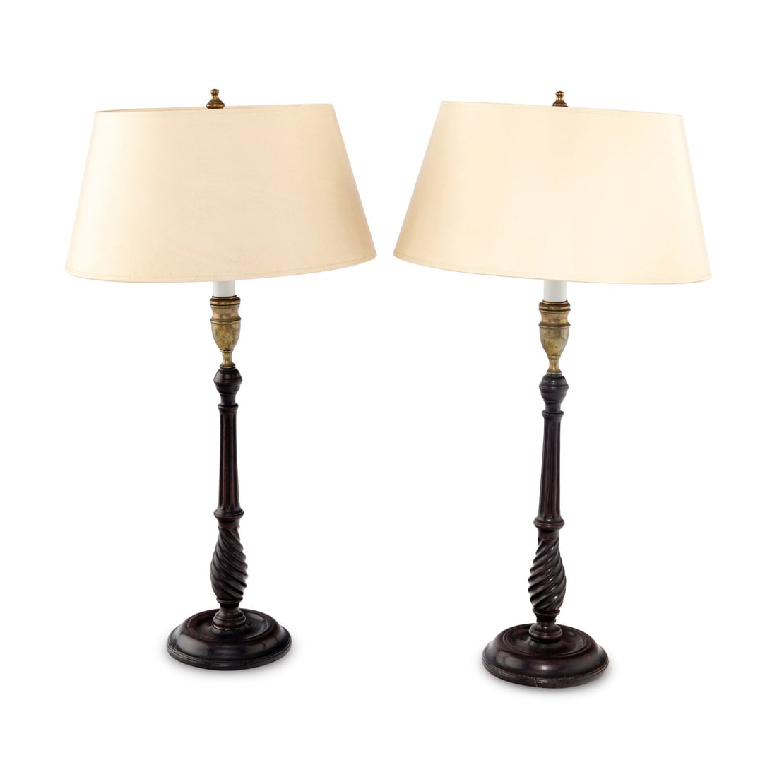 A Pair of George III Brass Mounted Mahogany Candlesticks Mounted as Lamps (1 of 2)