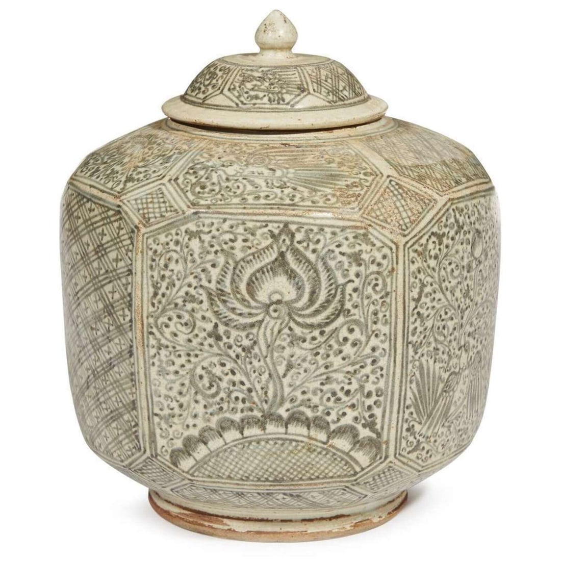 A large Thai underglaze blue-decorated stoneware faceted jar and cover. possibly 14th-16th century (1 of 3)