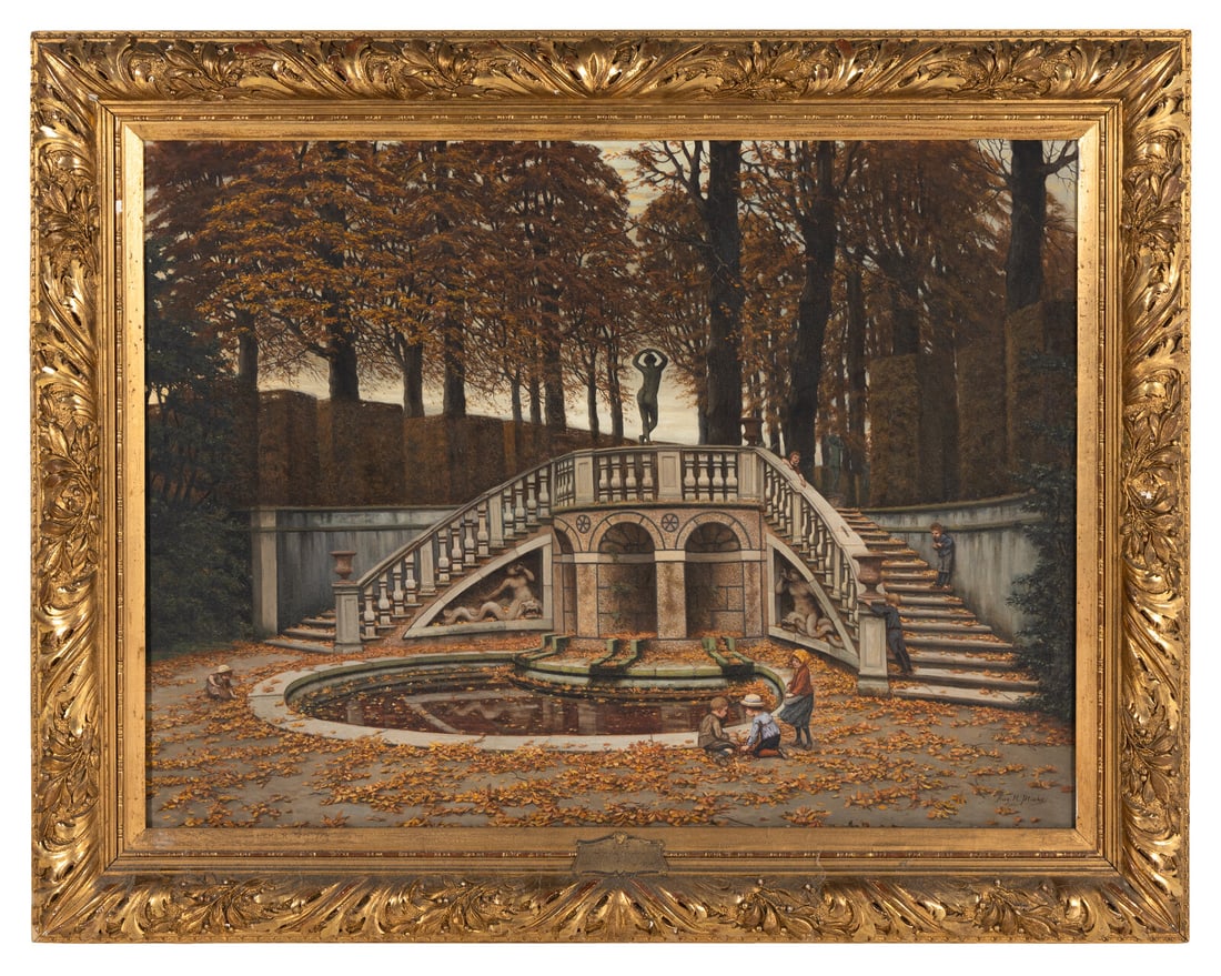 August H. Plinke (German, 1855-1910) Schloss Herrenhausen, Hannover, 1900: August H. Plinke (German, 1855-1910) Schloss Herrenhausen, Hannover, 1900 oil on canvas signed Aug. H. Plinke and dated (lower right) 32 1/2 x 43 1/2 inches. This lot is located in Palm Beach. Provena