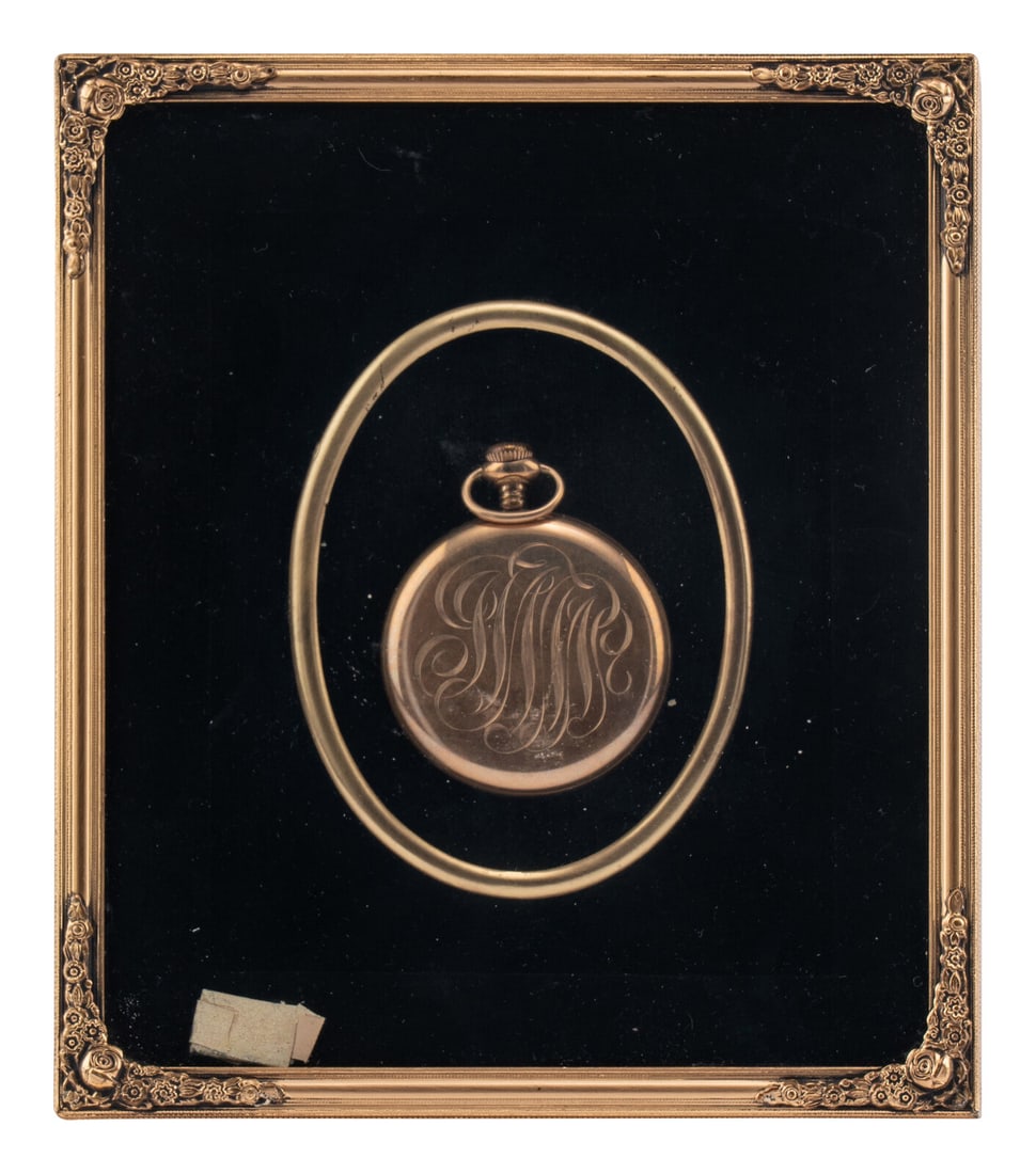 A Filled-Gold Pocket Watch: A Filled-Gold Pocket Watch Frame: 7 1/4 x 6 1/4 inches. This lot is located in Chicago. Provenance Every lot in Sale 6571 - The Vault is being offered as-is and without further condition reports beyon