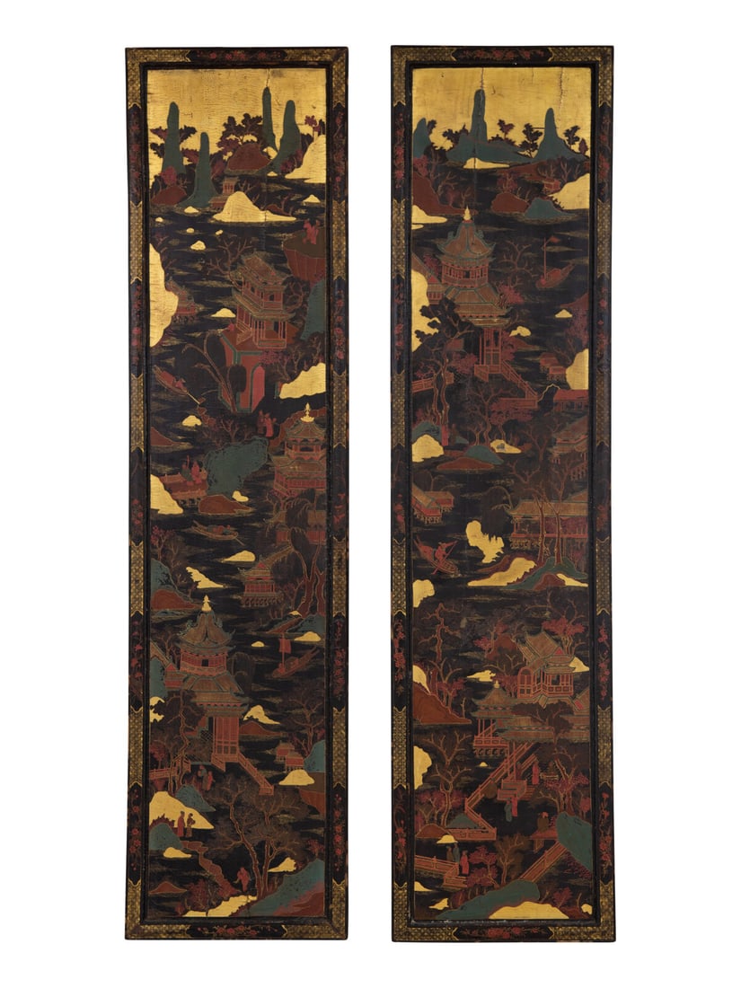 A Pair of Chinese Polychrome-Decorated Lacquered Wall Panels (1 of 4)