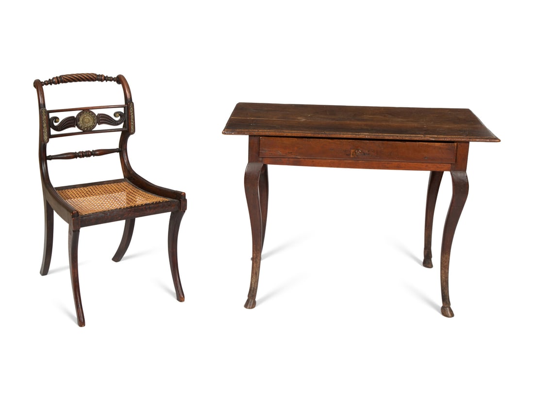 A French Provincial Walnut Writing Table and Associated Empire Side Chair: A French Provincial Walnut Writing Table and Associated Empire Side Chair 18th/19th Century Height of table 32 x width 18 x depth 19 inches. This lot is located in Palm Beach. Provenance Every lot in 