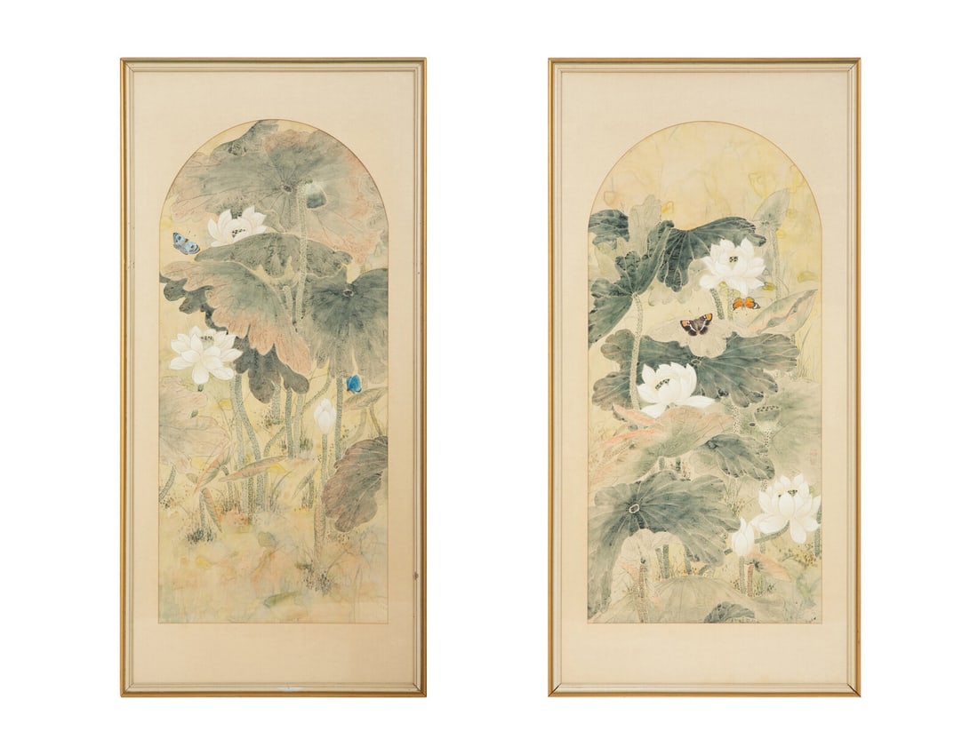 Cecilia Lin (Taiwanese, 20th Century) Still Lives with Water Lilies and Butterflies (a pair): Cecilia Lin (Taiwanese, 20th Century) Still Lives with Water Lilies and Butterflies (a pair) watercolor on paper each stamped with seal marks 62 x 31 1/2 inches. This lot is located in Palm Beach. Pro