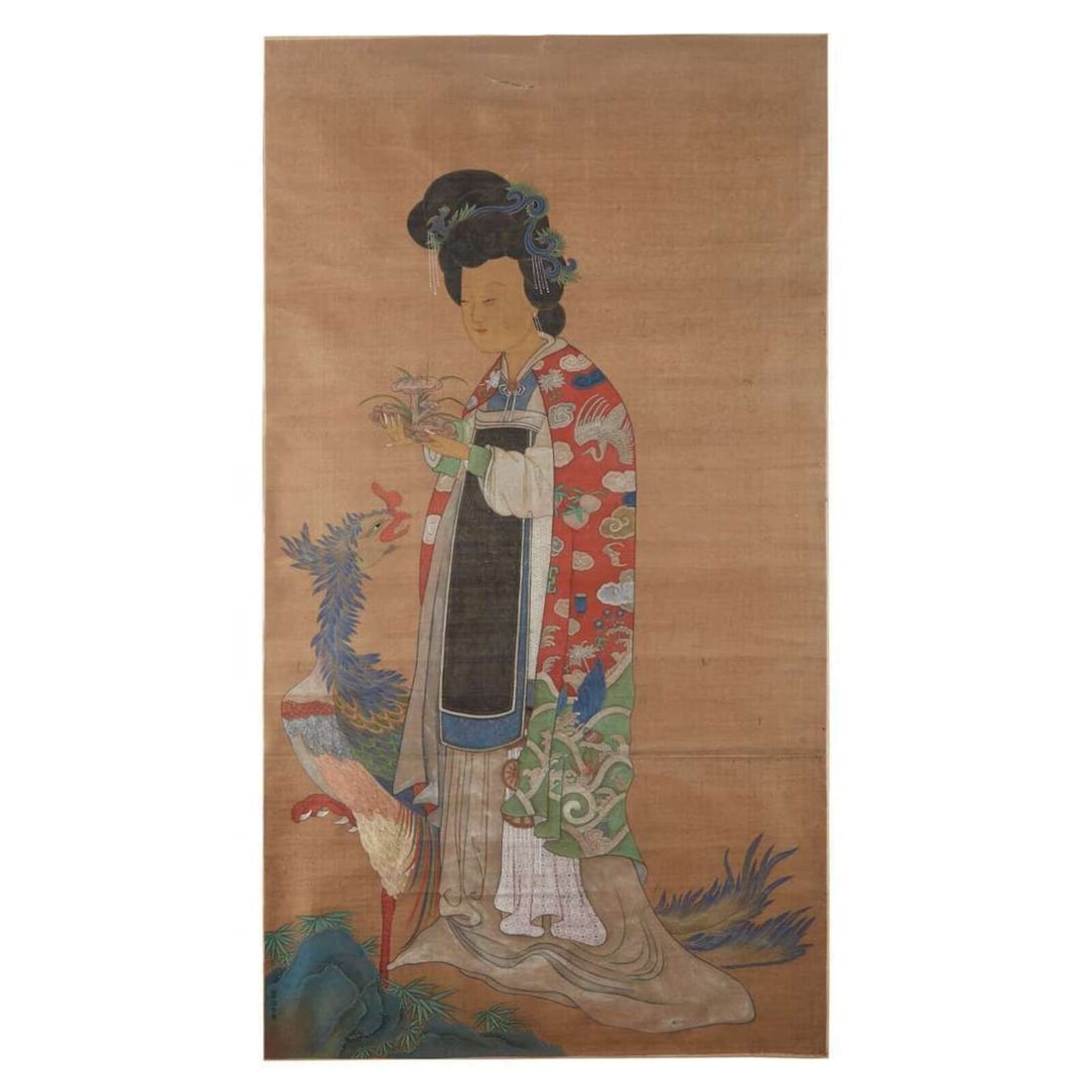 Chinese School, Qing Dynasty: Chinese School, Qing Dynasty depicting a meiren. Ink and color on silk, inscribed and with seal to lower left, with brocade mount. Framed, matted. H: 56 3/4, W: 30 3/4 in. (sight) This lot is located 