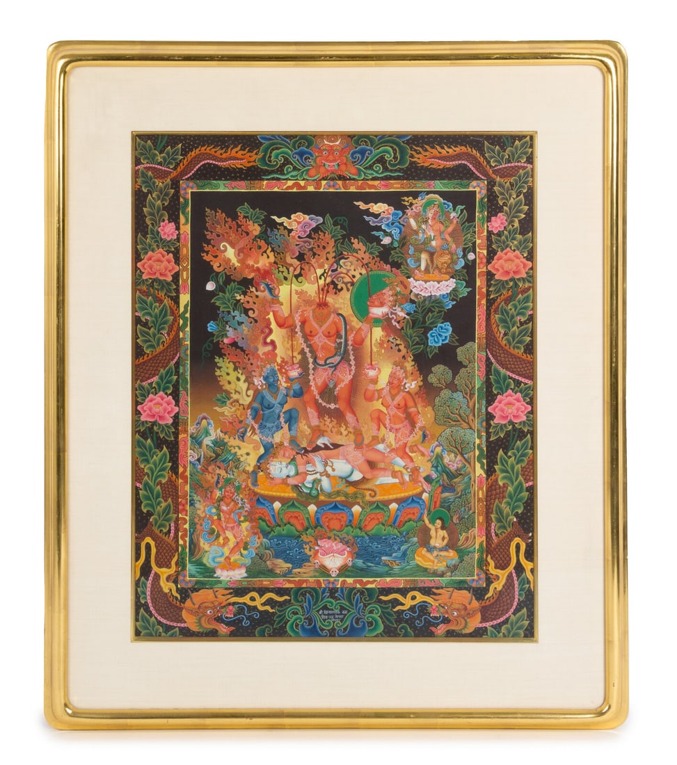 An Indian Ink and Color Painting on Paper: An Indian Ink and Color Painting on Paper depicting a composition of wrathful deities, framed. Height overall 28 1/4 x width 24 inches. This lot is located in Chicago. Provenance Every lot in Sale 657