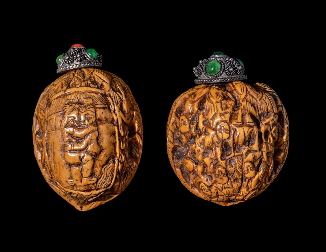 A Pair of Chinese Carved Walnut Snuff Bottles (1 of 2)